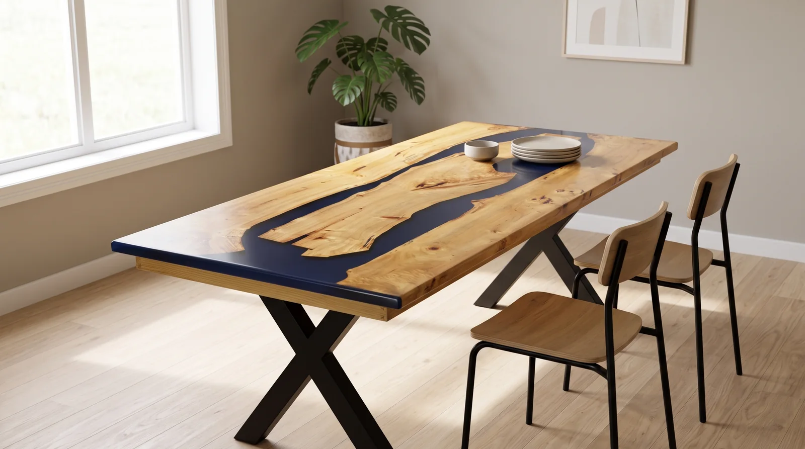 Mesa de comedor de autor con río continuo de resina epoxi azul zafiro y roble macizo con patas en X, hecha a mano en Binéfar por Carpintería Cardiel